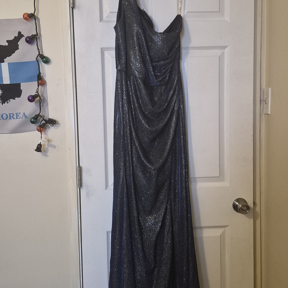 Glittering Midnight Blue Prom Gown with Draped Bodice